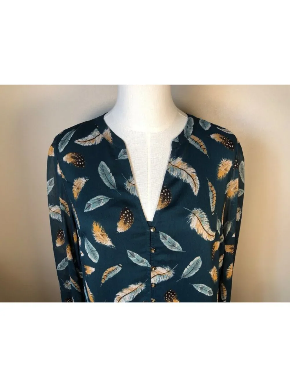 NWT Loft Turquoise Feather Print Drop Waist Dress Sz S Flowy Boho Chic Elegance